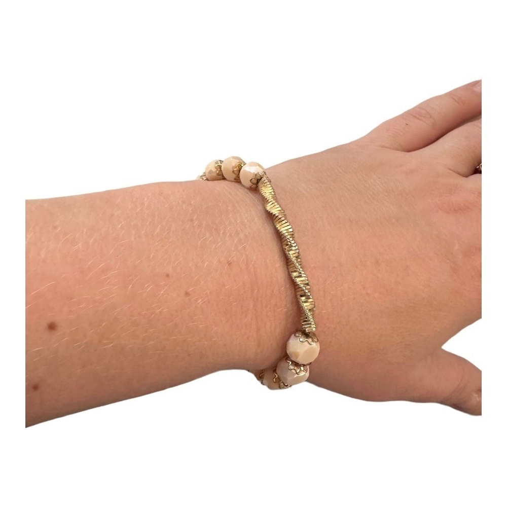 Gold Tone Faceted Champagne Crystal Beaded Elastic Bracelet Gift Pouch VG - Picture 2 of 4